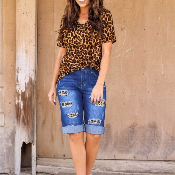 Lucky & Blessed Pants - L&B Distressed Leopard Accented Bermuda Shorts